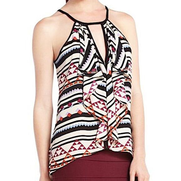 BCBG Halter STRIPE PRINTED bold art Claudia keyhole cascade ruffle top blouse XS - Picture 1 of 10